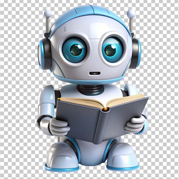 PSD cute ai robot chatbot reading a book isolated on transparent background