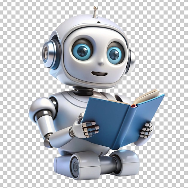 PSD cute ai robot chatbot reading a book isolated on transparent background