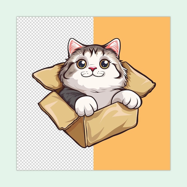 A cute American Curl cat stuck in cardboard isolated on a transparent background