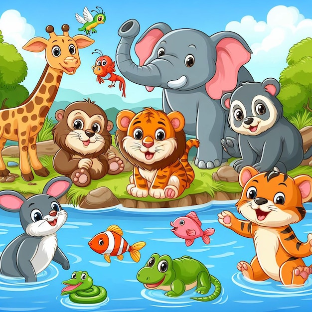 cute animal cartoon with river background