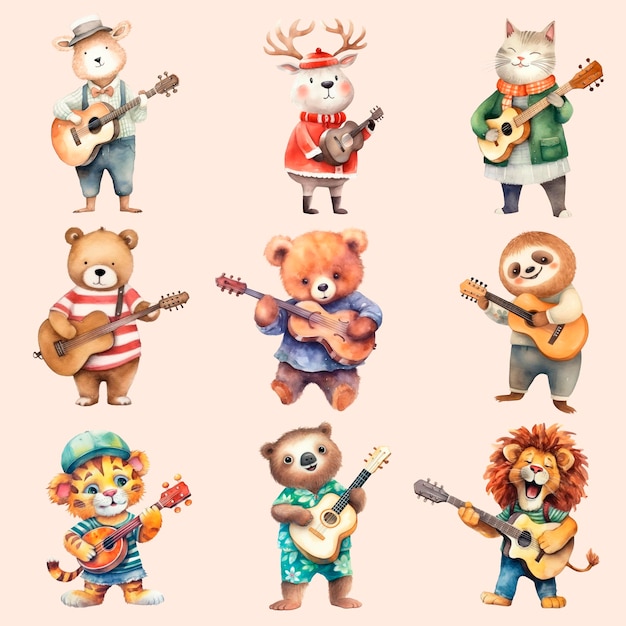 PSD cute animals playing guitars