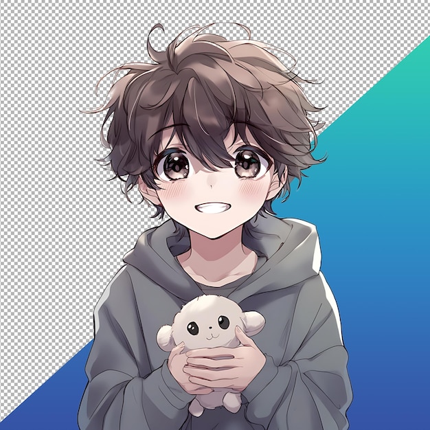 Cute anime boy holding stuffed toy