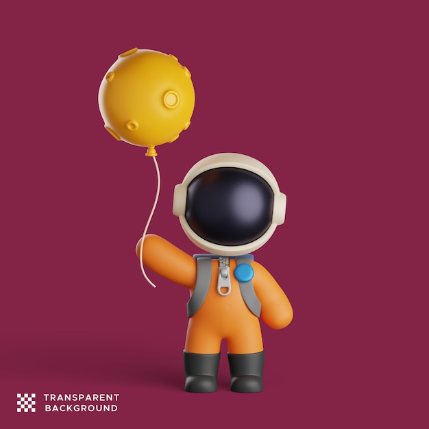 Cute astronaut holding a moon balloon. 3d render illustration