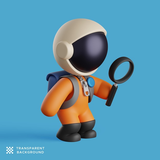 Cute astronaut is holding a magnifying glass and researching. 3d render illustration