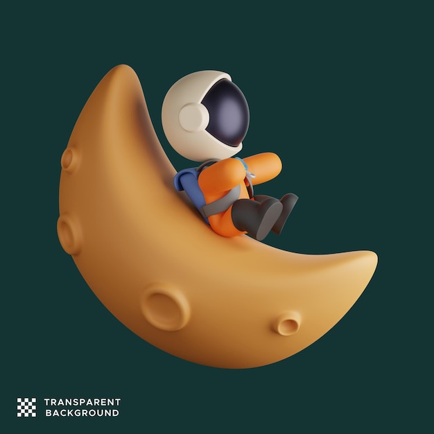 Cute astronaut playing slide on a crescent moon. 3d render illustration