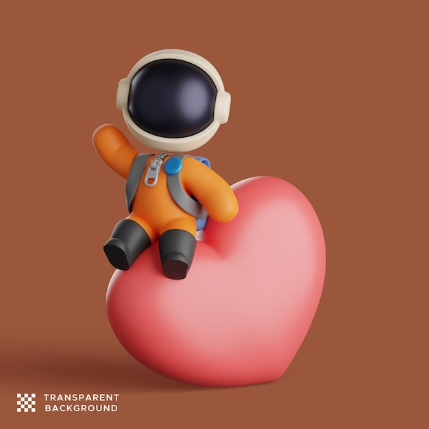 Cute astronaut sitting on a big love while waving hand. 3d render