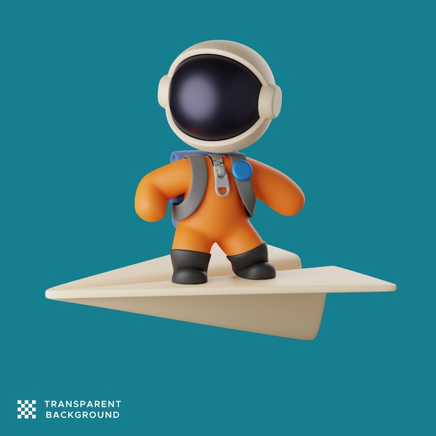 Cute astronaut standing on a flying paper airplane. 3d render illustration