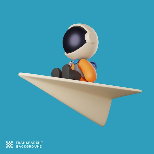 Cute astronaut on the top of a flying paper plane. 3d render illustration