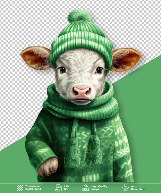 Cute baby cattle winter outfit isolated on transparent background