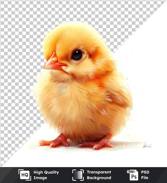 Cute baby chicken illustration with orange beak black eye and pinkorange feet isolated on