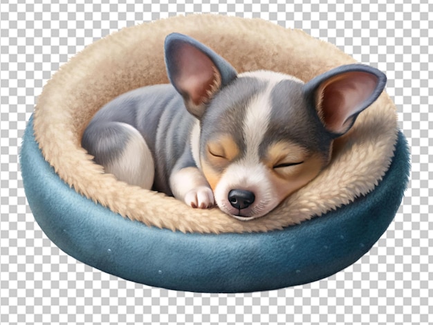 cute baby dog sleeping in round plush pet bed