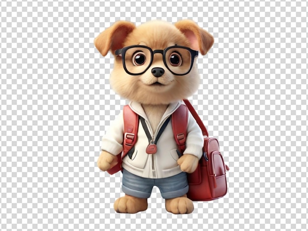 A cute baby dog wearing glasses and bag on transparent background