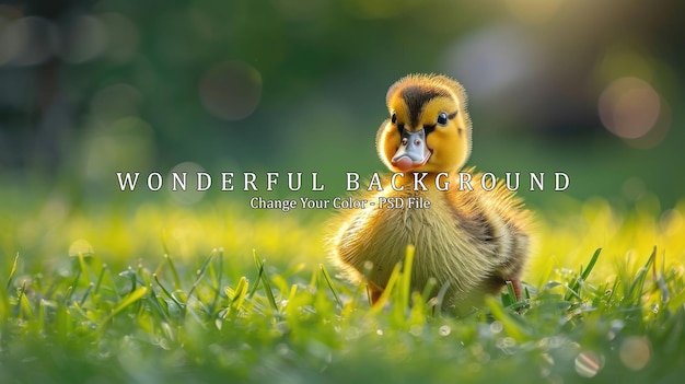 PSD cute baby duckling in a lush green meadow