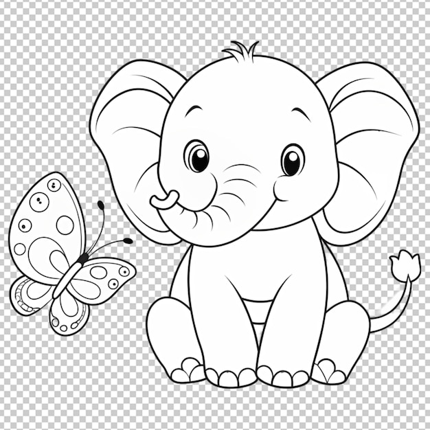 PSD cute baby elephant and butterfly outline drawing