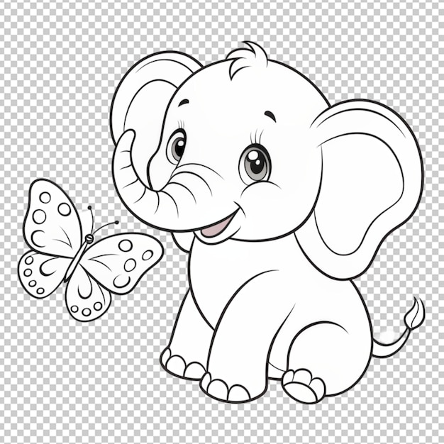 PSD cute baby elephant and butterfly outline drawing