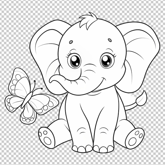 PSD cute baby elephant and butterfly outline drawing