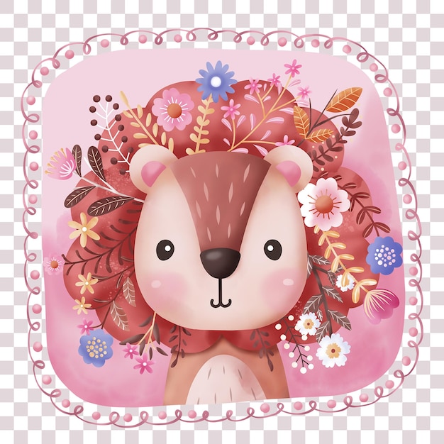 Cute baby lion and flowers illustration