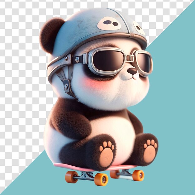 PSD cute baby panda character in a skateboard wearing sunglasses 3d render transparent background