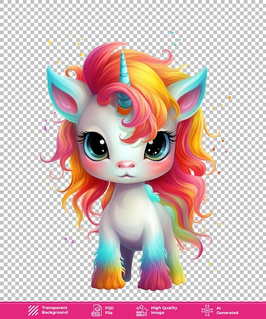 Cute baby unicorn with colorful hair Isolated on transparent background