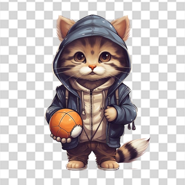 the cute and beautifull cat wearing jacket and hat holding a basket ball png transparent