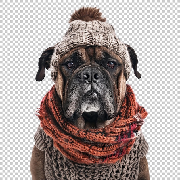 Cute big dog in winter hat and scarf isolated on transparent background