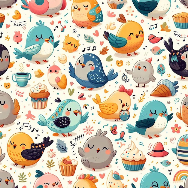 cute bird on colorful background seamless pattern