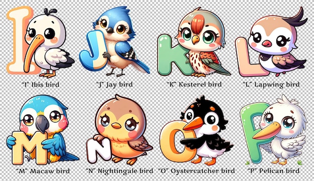 Cute Birds Alphabet Series Letters I to P Clipart Nursery Clipart Kids Learning Alphabet