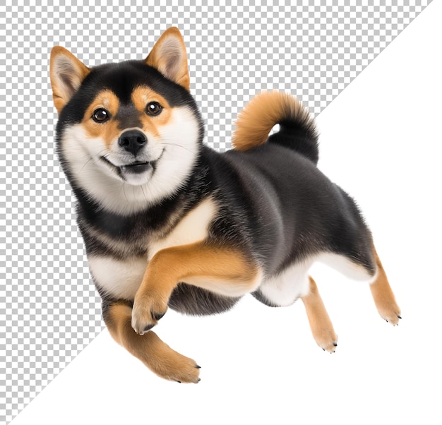 Cute black shiba inu in jumping pose floating in the air isolated background