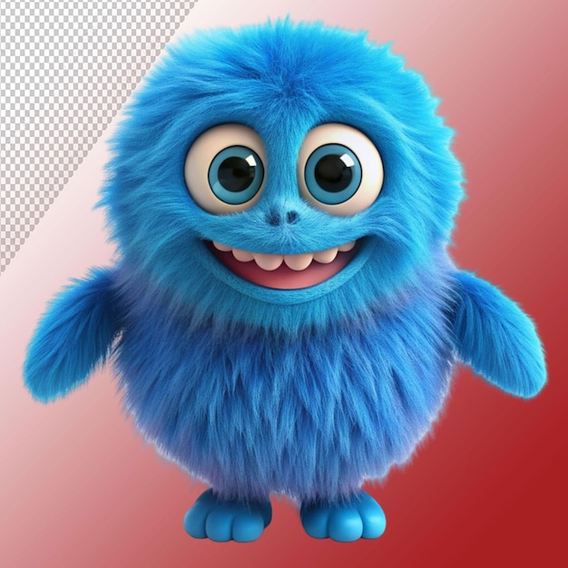 cute blue furry monster 3d cartoon character isolated on transparent background