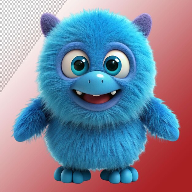 PSD cute blue furry monster 3d cartoon character isolated on transparent background