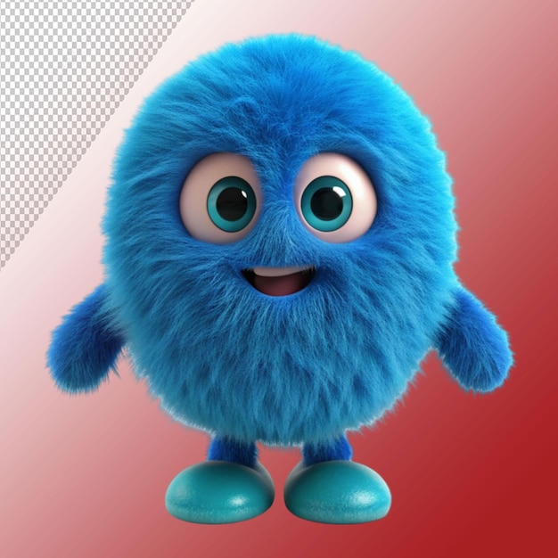 PSD cute blue furry monster 3d cartoon character isolated on transparent background