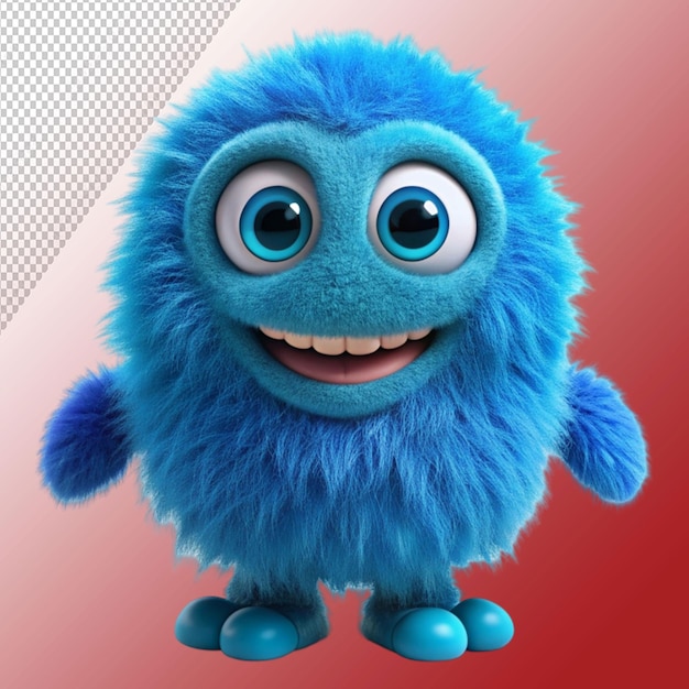 cute blue furry monster 3d cartoon character isolated on transparent background