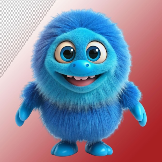 cute blue furry monster 3d cartoon character isolated on transparent background