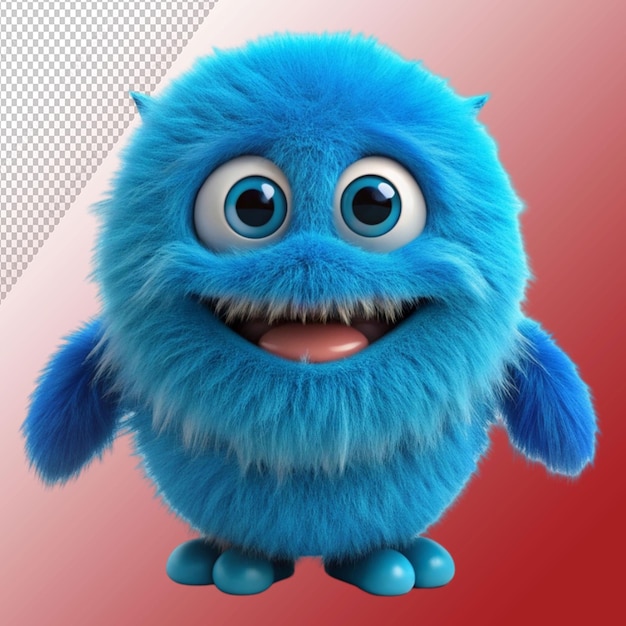 cute blue furry monster 3d cartoon character isolated on transparent background