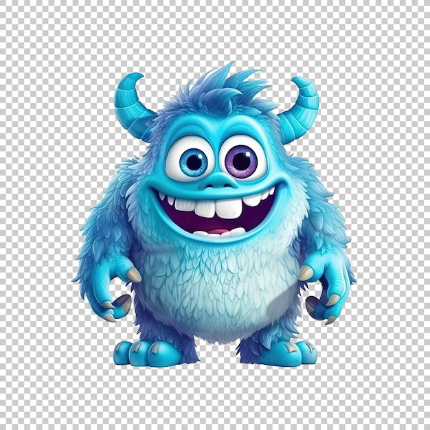 PSD cute blue monster with horns isolated on transparent background