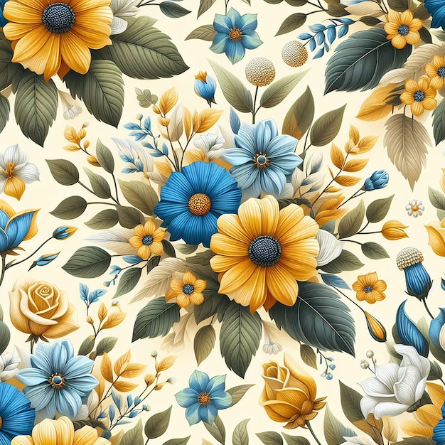 cute blue with yellow flower on colorful background seamless pattern