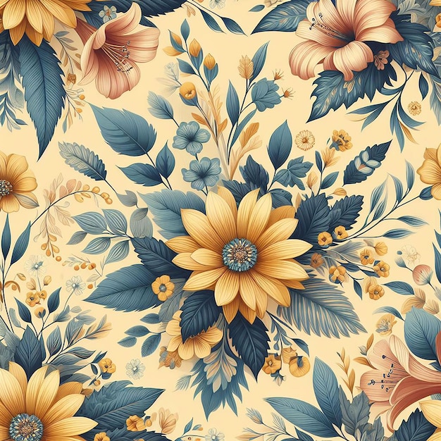 cute blue with yellow flower on colorful background seamless pattern