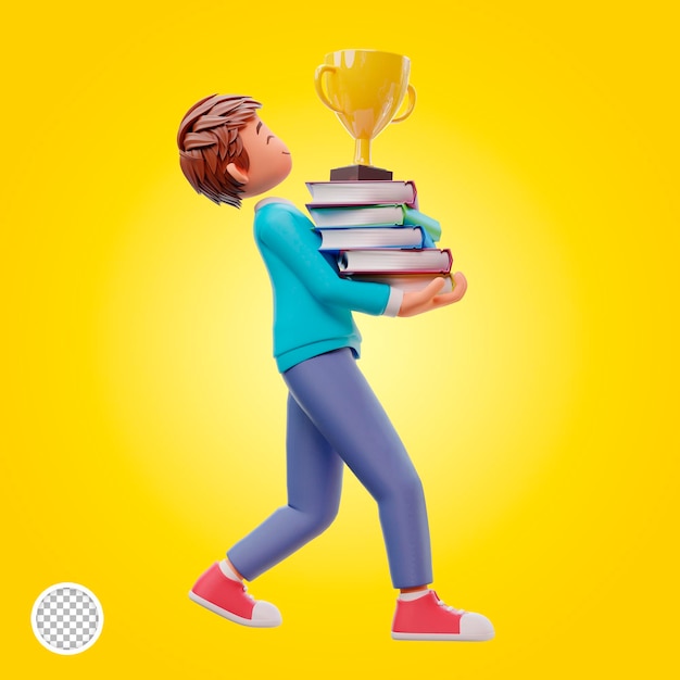 Cute boy carrying a stack of books and trophies, 3d cartoon illustration concept