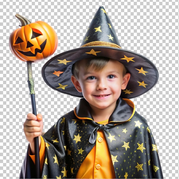 cute boy dressed as awizard for halloween on transparent background