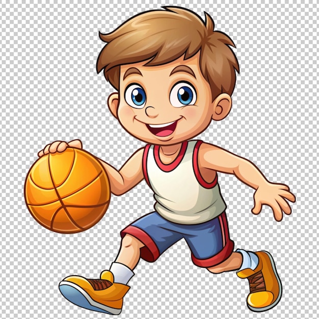 PSD cute boy playing basket cartoon isolated on transparent background