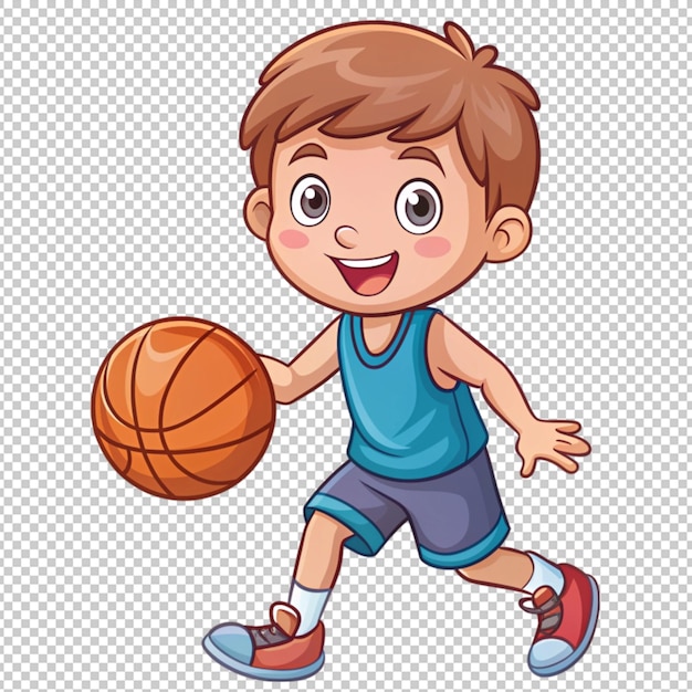 PSD cute boy playing basket cartoon isolated on transparent background