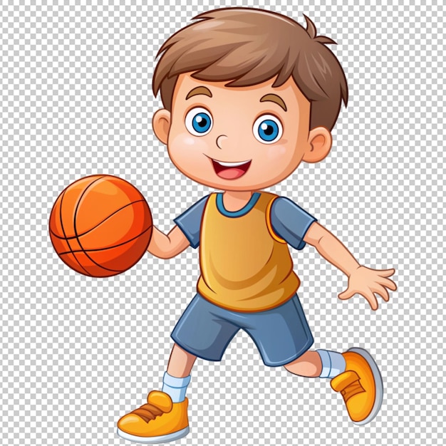 PSD cute boy playing basket cartoon isolated on transparent background