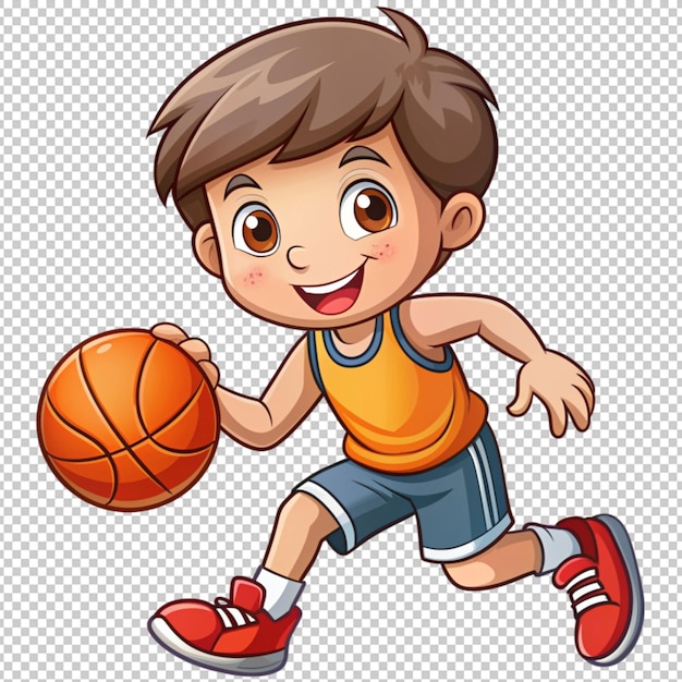 PSD cute boy playing basket cartoon isolated on transparent background