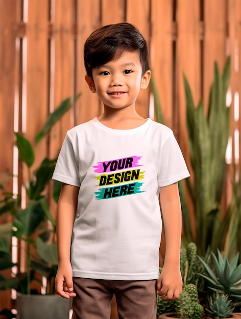 Cute boy wearing blank tshirt mockup design psd