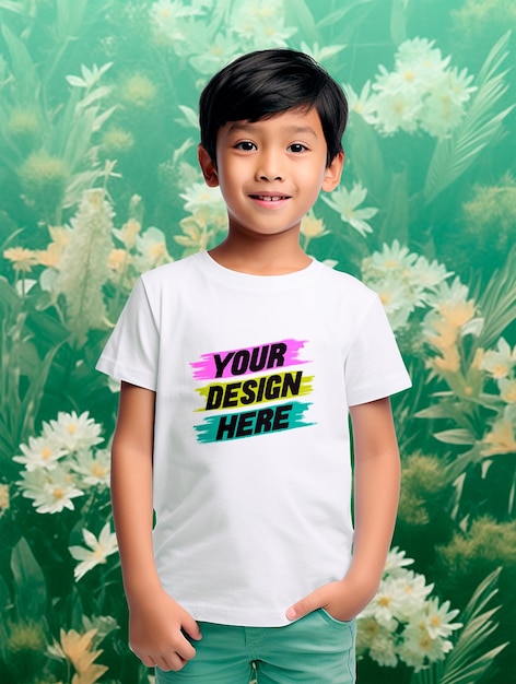 Cute boy wearing blank tshirt mockup design psd