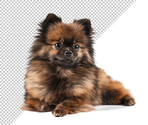 Cute brindle Pomeranian dog laying on the floor on isolated background