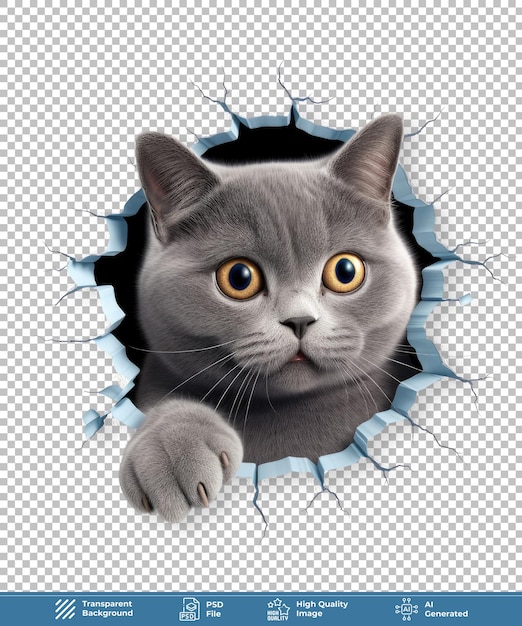 Cute british shorthair coming out of a hole in the wall on transparent background