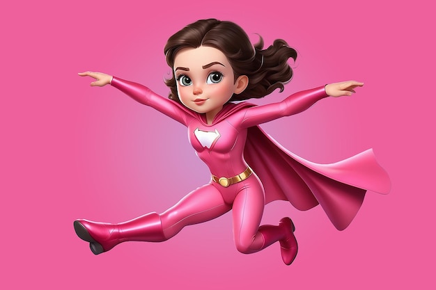 PSD cute brunette girl in pink superhero comics costume adorable kid character flying in superhero pose cartoon style vector illustration