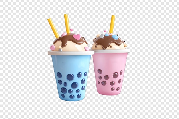 PSD cute bubble tea cups with smiley faces isolated on a transparent background