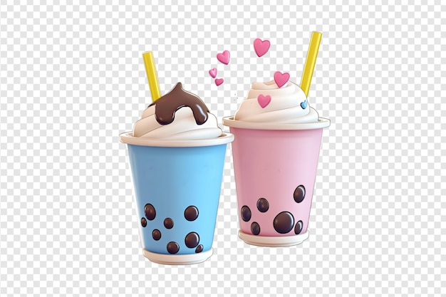 PSD cute bubble tea cups with smiley faces isolated on a transparent background